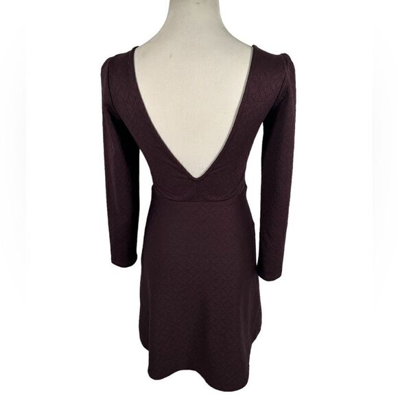 Cooperative Textured Plum Purple Long Sleeve Dress Deep V Neck A-Line Skater - Picture 3 of 9